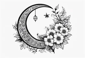 Crescent moon with flowers and beading tattoo idea