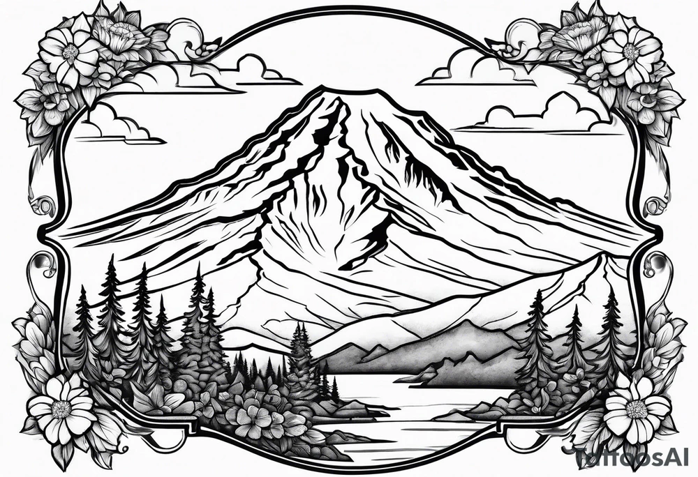 mount rainier with flowers around it tattoo idea