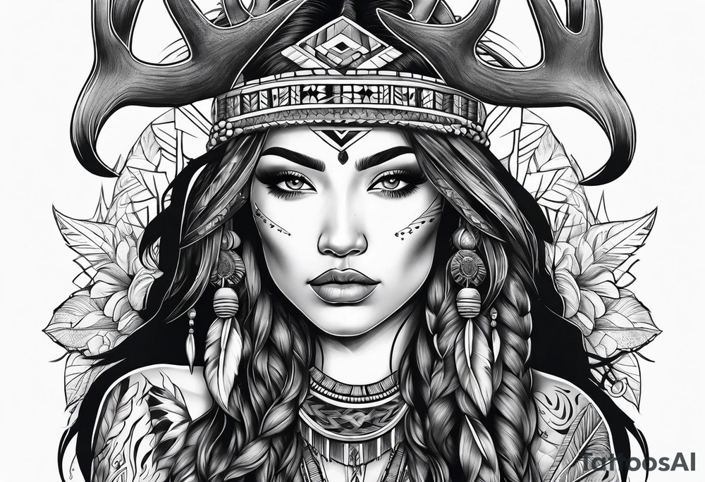 Native American woman full body 
with deer antlers tattoo idea