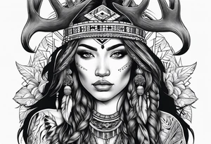 Native American woman full body 
with deer antlers tattoo idea