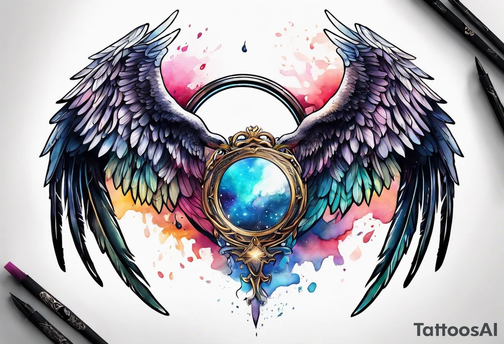 a pair of wings with a halo above them tattoo idea