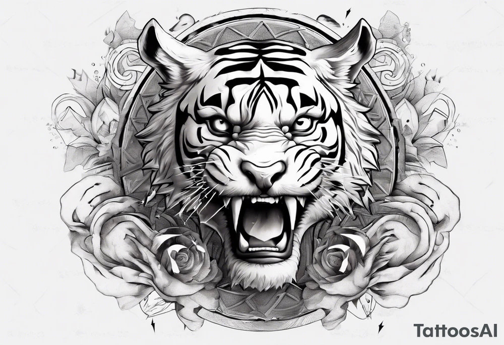 Ancient tiger with lightning and a sun for a forearm sleeve. With patterns surrounding it tattoo idea