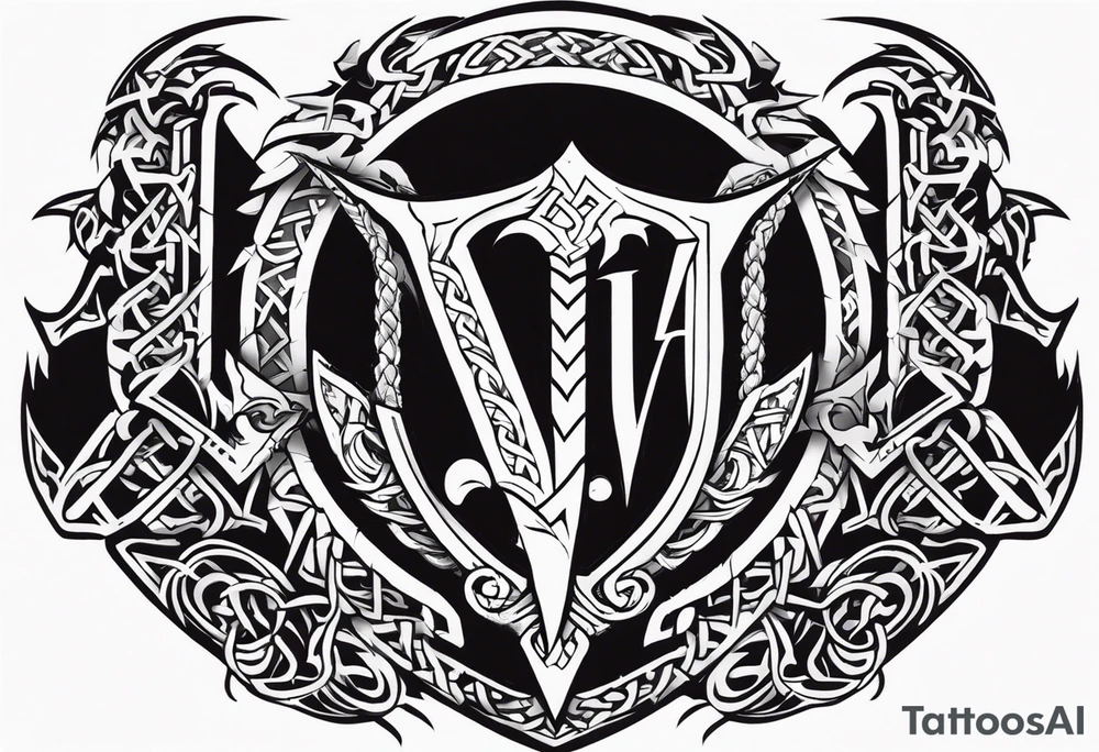 Valhalla sword shield dragon axe Valknut barbed wire chains tribal tattoo idea Valhalla sword shield dragon axe Valknut barbed wire chains tribal tattoo idea
