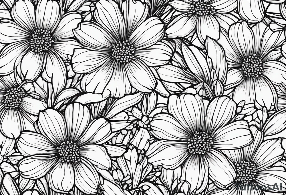 Generate a picture of Vervain (Verbena) flowers forming an oval shape with small leaves around them. tattoo idea