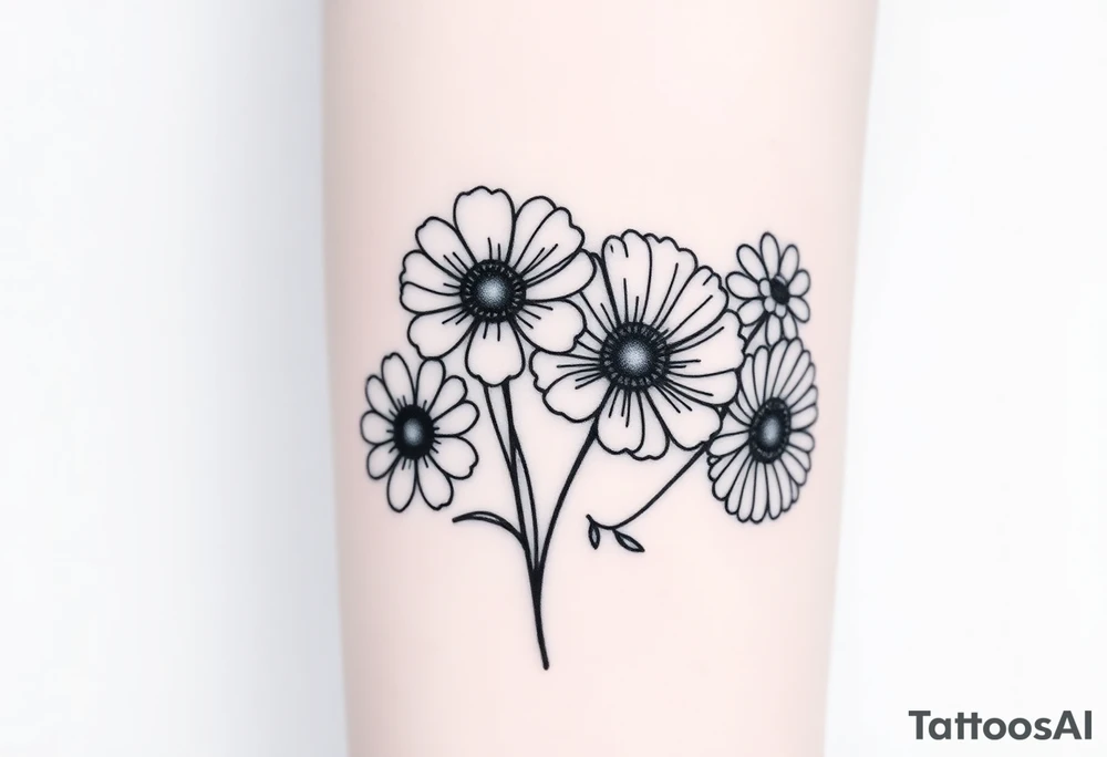 Small flower bouquet 1 daisy, 2 cosmo, 1 poppy, 1 chrysanthemum, tattoo idea