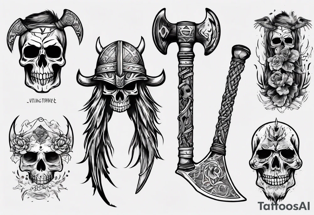 viking axe with crow and sugar skull tattoo idea