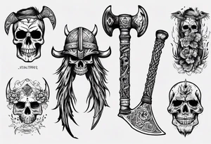 viking axe with crow and sugar skull tattoo idea