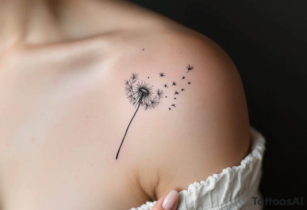 Fine-line dandelion in charcoal gray, with a few faint seeds blowing into pale rose petals. tattoo idea