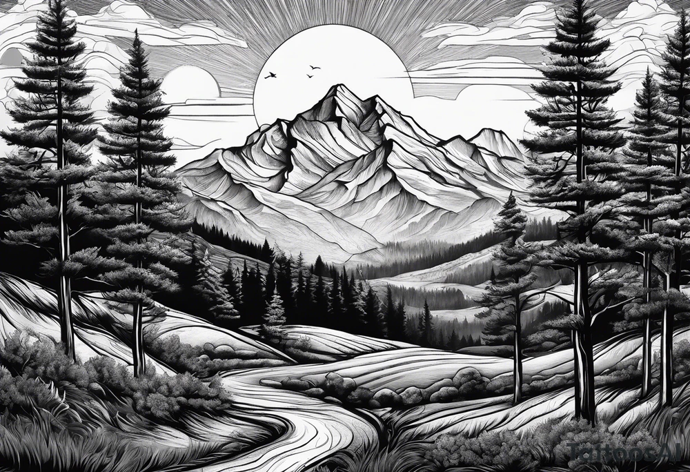 large trees in the front with mountain sides and sun tattoo idea
