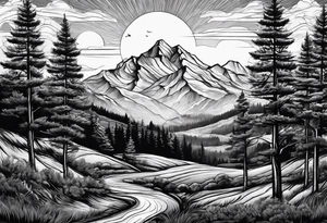 large trees in the front with mountain sides and sun tattoo idea