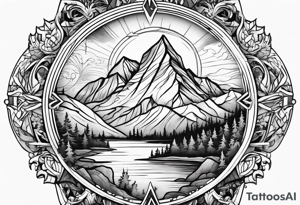 Feminine adventure, mountain scape, compass, cover-up tattoo idea
