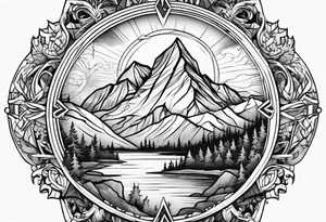 Feminine adventure, mountain scape, compass, cover-up tattoo idea
