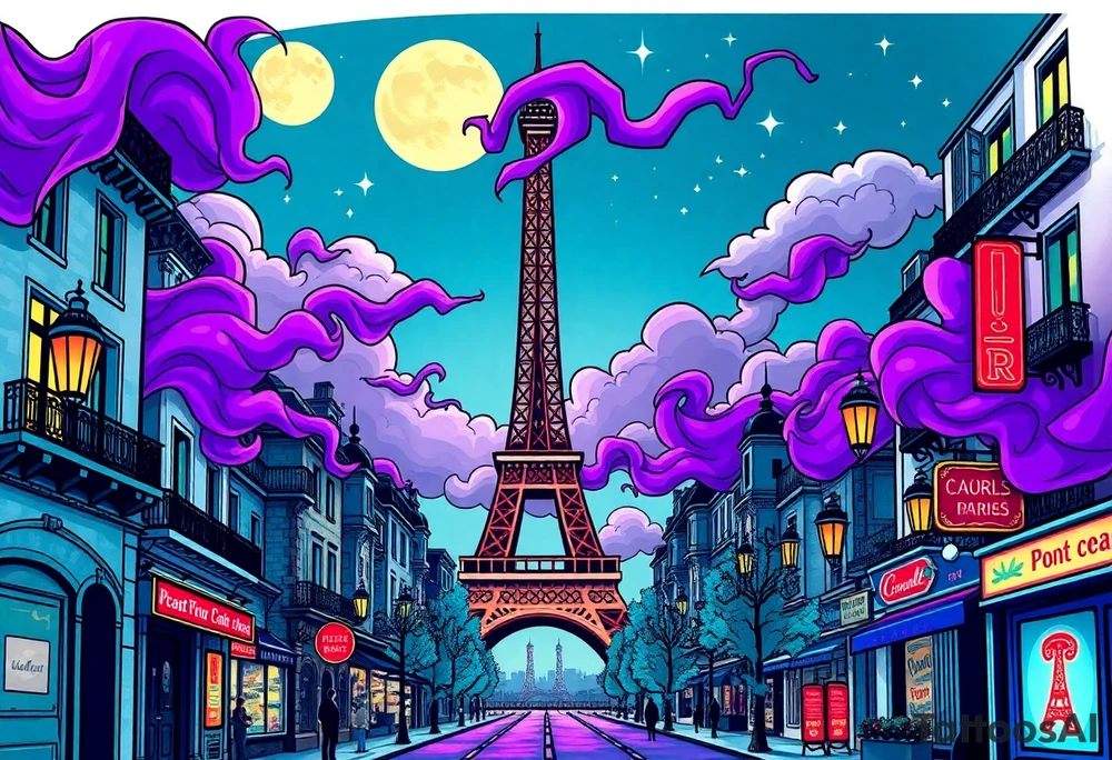 Tim Burton’s paris streets with effel tower from outside view is the street is littered with neon signs purple and cyan smokey clouds swirl and dance in the moonlit night sky filled with twinkling stars  tattoo idea tattoo idea