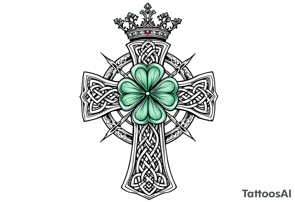 Celtic cross tattoo featuring intricate knotwork patterns along the arms and base of the cross. At the heart of the cross, place a vibrant four-leaf clover, its leaves shaded with subtle gradients of green, symbolizing luck and unity. Above the cross, incorporate a regal crown adorned with ornate details, such as small gemstones or filigree, to signify authority and strength. Behind the cross add more celtic knots and a celtic tree of life tattoo idea