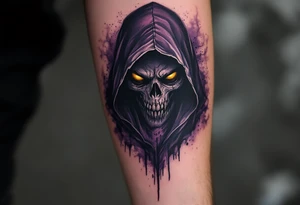 A cloaked figure in black-and-purple tones with hollow yellow eyes and a smoky background. tattoo idea