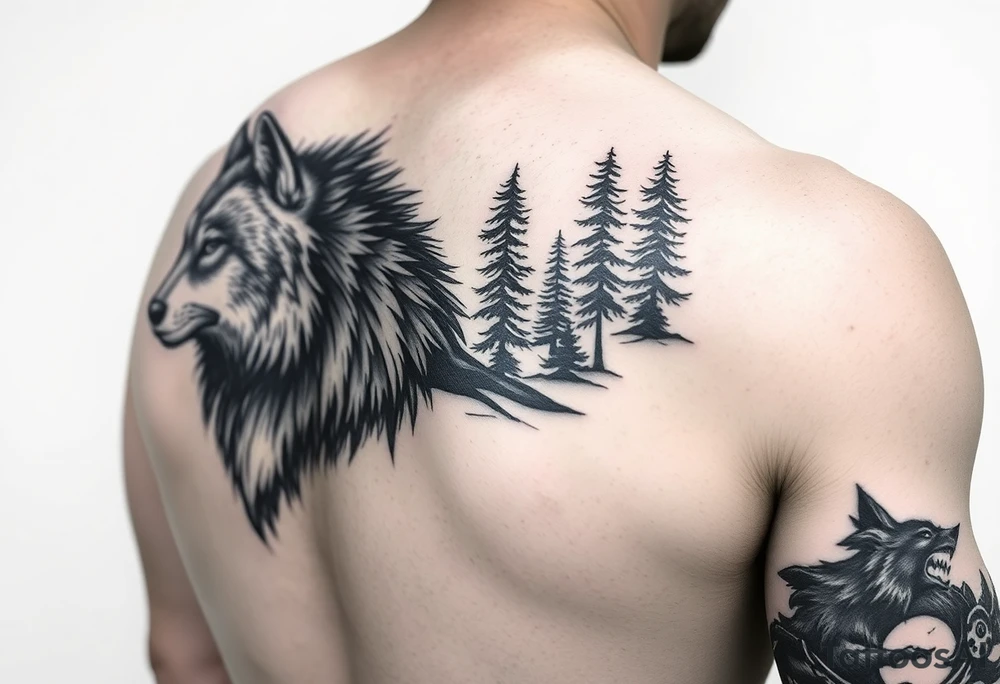 create a right hand sidearm powerful majestic tattoo having wolf and pin trees tattoo idea