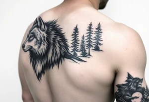 create a right hand sidearm powerful majestic tattoo having wolf and pin trees tattoo idea