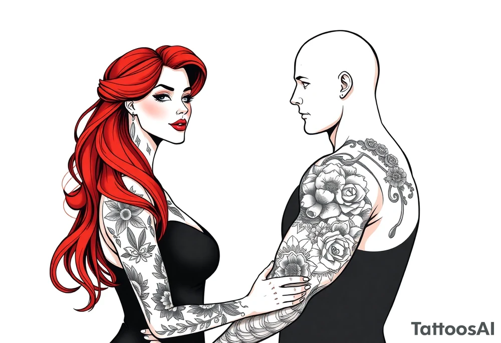 Woman with long red hair and red lipstick with lots of tattoos with  a bald muscular white man with tattoos getting married tattoo idea