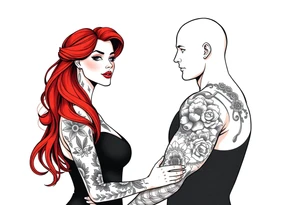 Woman with long red hair and red lipstick with lots of tattoos with  a bald muscular white man with tattoos getting married tattoo idea