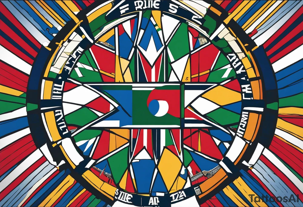 design a wheel with 5 sections. Each section to represent a moment of my life. First section to represent Rome,Italy where I was born. Second section to represent the beginning of my fling career in the Italian Air Force. Think section to represent moving to the United States, Spokane exchacly and continuing flying for Horizon Air. Forth section to include moving to Hawaii and starting a new life style, laid back, growing my own food, taking all the aloha spirit in together with my blondie curly hair partner Ronda . Fifth section to stay empty for the future to come. In the middle of the wheel a combination of American and Italian flag tattoo idea
