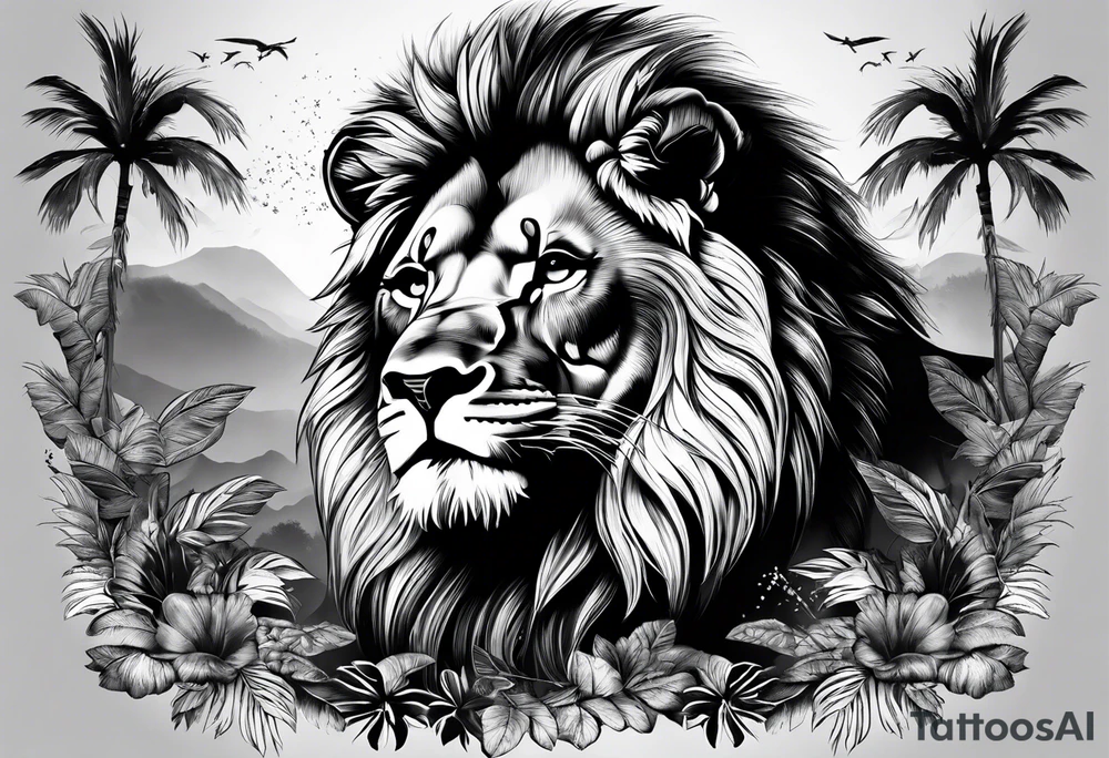 Lion in jungle with kids names tattoo idea