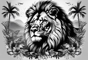 Lion in jungle with kids names tattoo idea