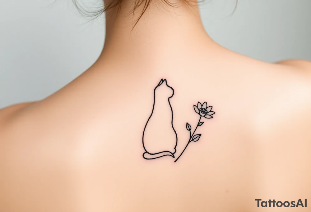 Line tattoo of a cat figure combining into a flower stem with a cute flower tattoo idea