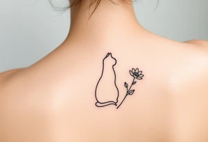 Line tattoo of a cat figure combining into a flower stem with a cute flower tattoo idea