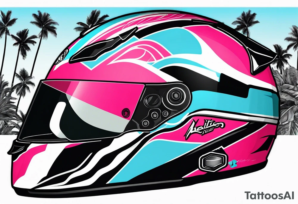 Formula 1 helment with a palm tree and black pink and light blue color tattoo idea