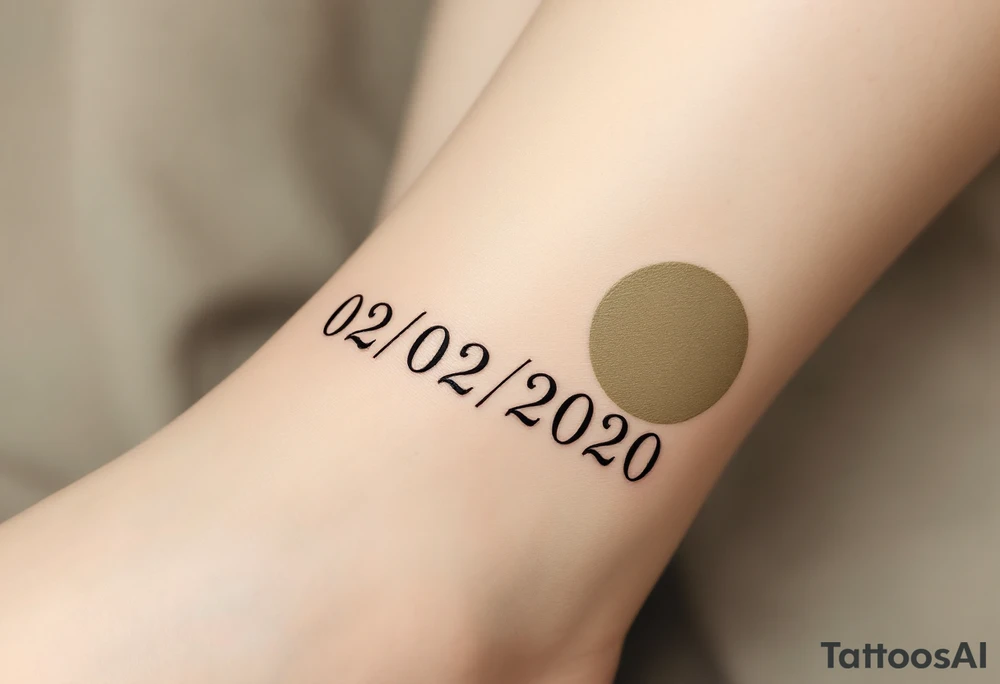 Simple 02.02.2020 in thin uppercase type and a muted olive green circle behind it. tattoo idea