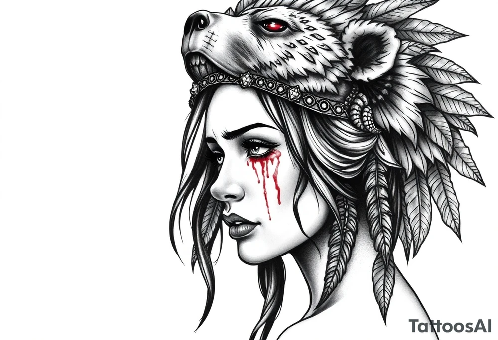 Beautiful Womans shedding a tear, with battle scars and blood on face, wearing a mean looking bear headdress on head tattoo idea