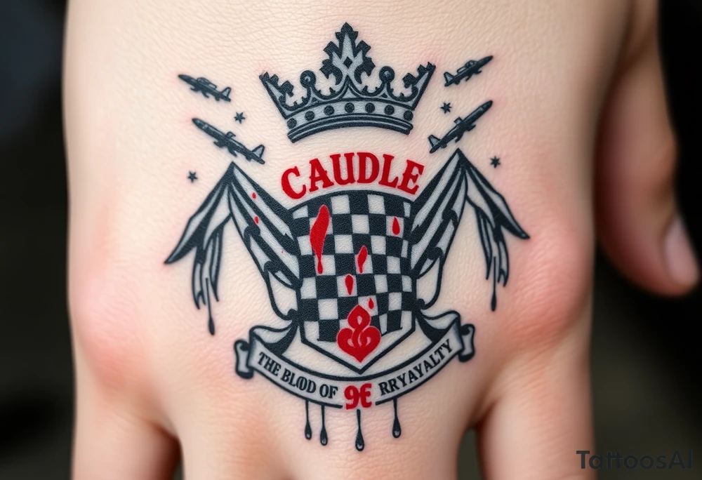 Men Doom Crest  with A Giant King Crown, CAUDLE written inside red, a chessboard, blood splatter on top of two  racing flags & OTF inside, The Words The Blood Of Royalty in red underneath the crest & 🌍 symbol in red outside of the crest, And raining blood drops, Jets/Airplanes/Helicopters/explosives flying above & Guns & Tanks & soldiers & knights plus ships tattoo idea