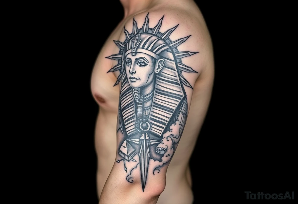 Seth the sun god, Pharaohs, Pyramids, sun, lighting bolts, smoke, Jets, Money & Born King tattoo idea