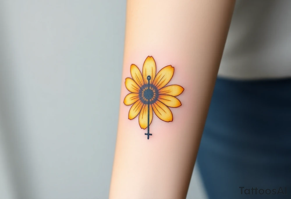 Simple yellow daisy with Purple Hearts & cross tattoo idea