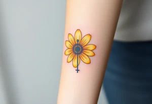 Simple yellow daisy with Purple Hearts & cross tattoo idea