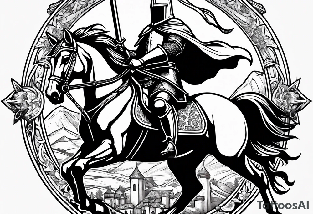 Templer knight on horse with sword an shield tattoo idea