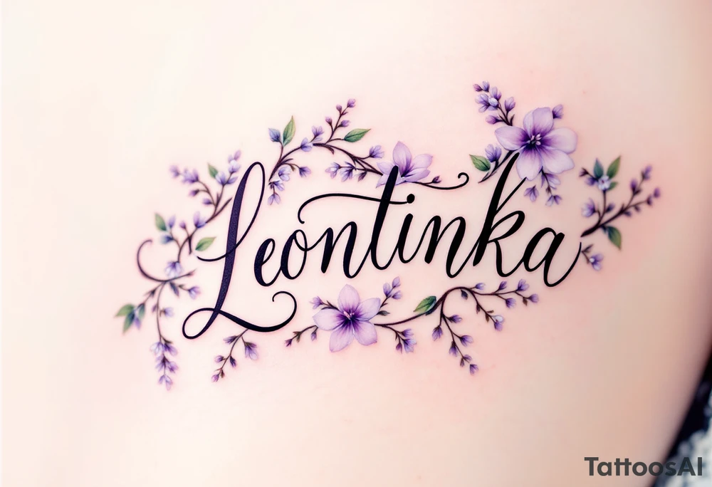 Leontýnka written in elegant script, surrounded by delicate lilac vines with small white blossoms. tattoo idea