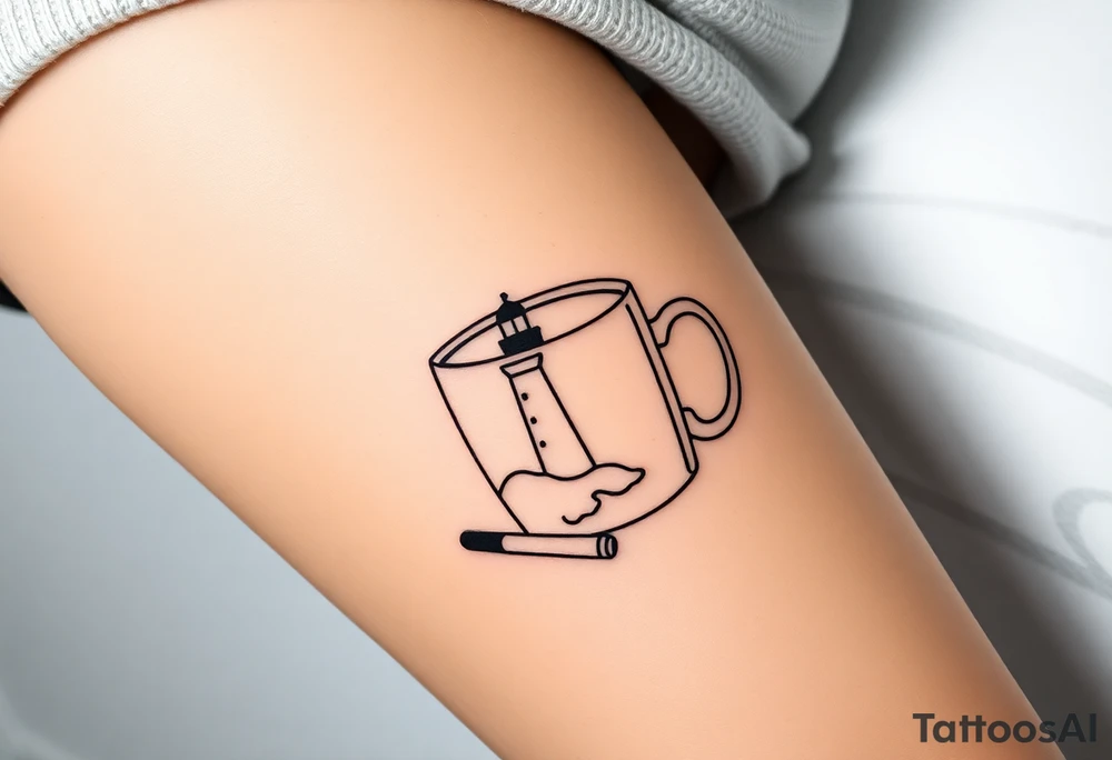 A mug of coffee
 with a picture of a 
 lighthouse on the the mug and a cigarette laying next to it tattoo idea