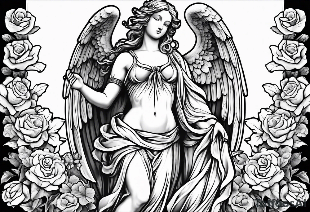 Angel statue stood on a rock with daffodils and roses wrapped around its legs tattoo idea