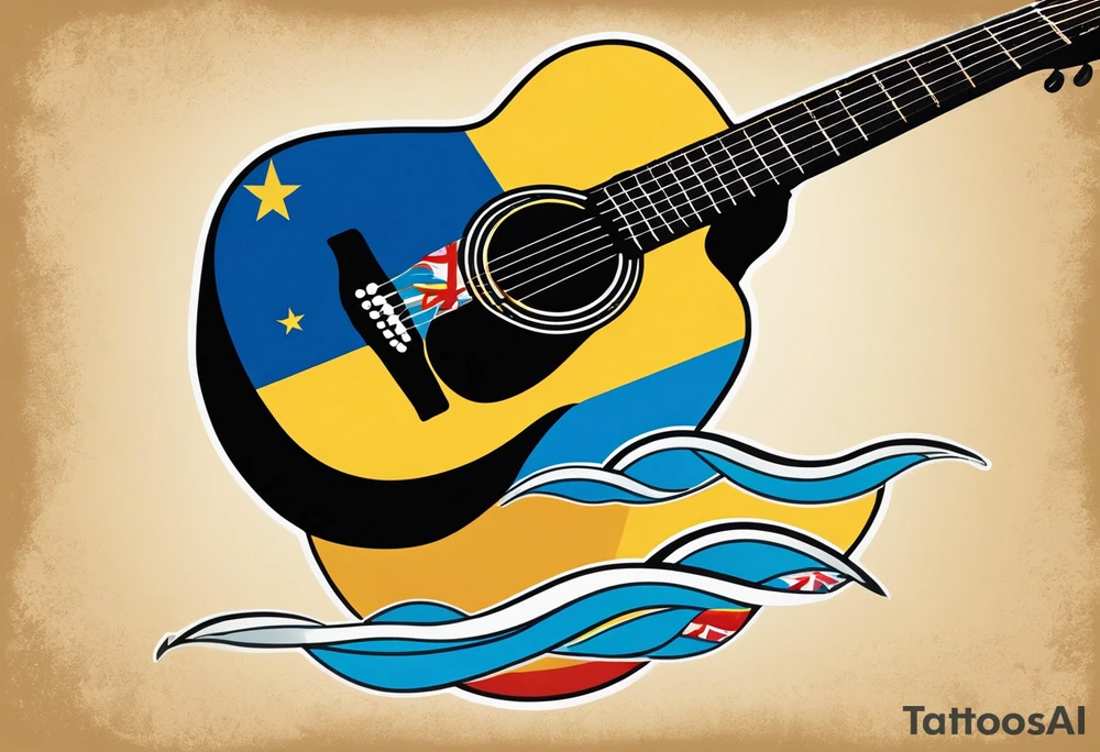 acoustic guitar with cut diagonally with one side with the flag of curacao, the other with some raggae colors. on the outside of the guitar, the side with the curacao flag to adorned with some beach or sea creature theme, like a sea turtle. The side with the raggae to have some music notes flowing out tattoo idea