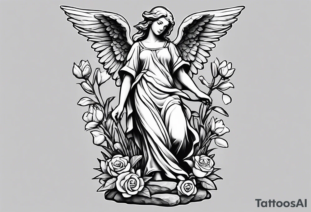 Simple Angel statue stood on a rock with daffodils and roses wrapped around its legs tattoo idea