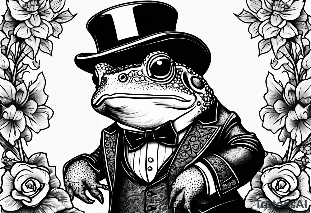 Cute toad standing on back legs  in a top hat and a formal suit holding flowers to go on a date tattoo idea