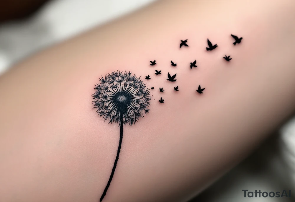 A dandelion with its leaves blowing away and turning into birds tattoo idea