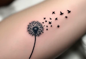 A dandelion with its leaves blowing away and turning into birds tattoo idea