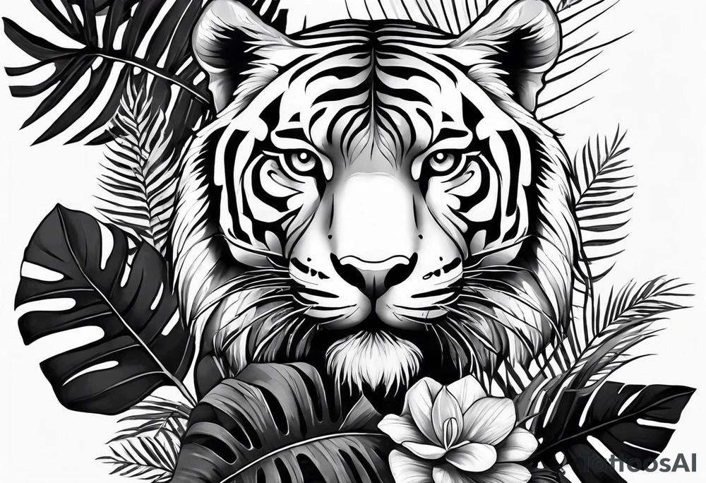 Full tattoo sleeve with minimalist tiger coming down shoulder, monstera foliage on forearm, beach landscape on bicep tattoo idea