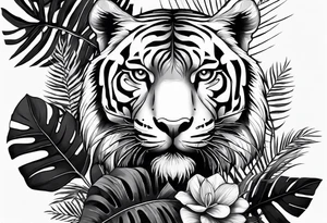 Full tattoo sleeve with minimalist tiger coming down shoulder, monstera foliage on forearm, beach landscape on bicep tattoo idea