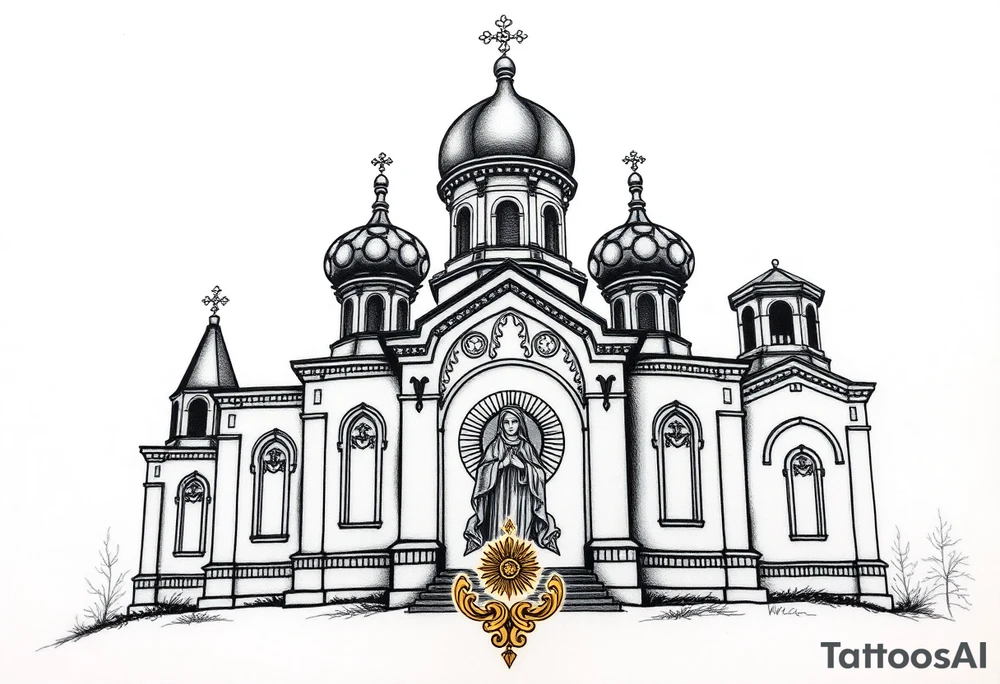 medium sized Russian orthodox church with bulb domes with a prominent russian orthodox coat of arms & virgin mary tattoo idea