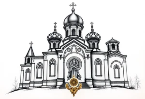 medium sized Russian orthodox church with bulb domes with a prominent russian orthodox coat of arms & virgin mary tattoo idea