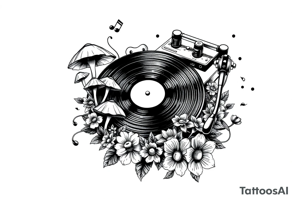 vinyl record player with mushrooms, flowers, and music notes around it tattoo idea