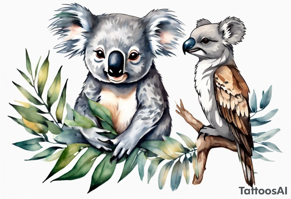 Koala and kookaburra separately sitting on wattle and eucalyptus leaves tattoo idea